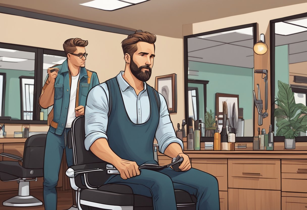A barber holding scissors and a comb, standing next to a client's chair. The client is showing a picture of Ryan Reynolds' haircut on their phone. The barber is nodding and listening attentively