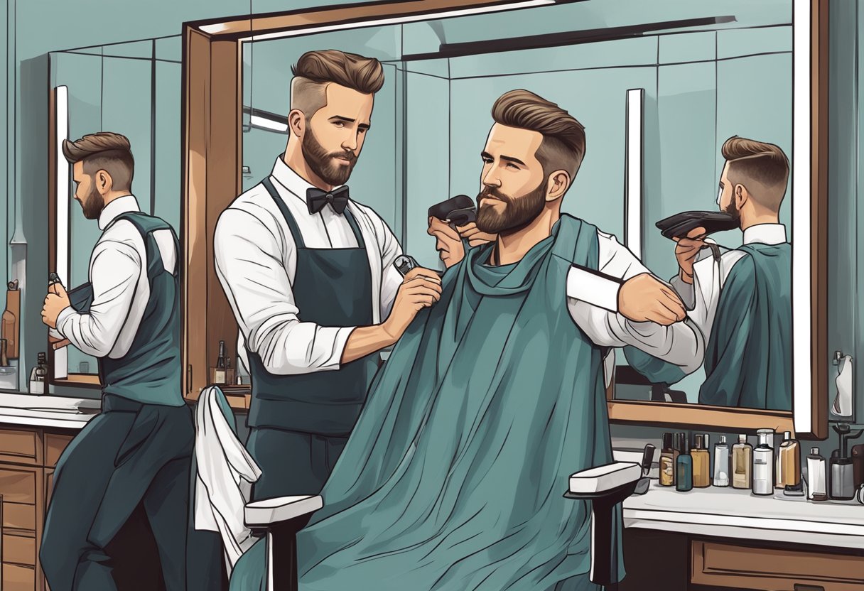 A barber carefully trims and styles hair to achieve the signature Ryan Reynolds haircut. Mirror reflects the sleek, modern look
