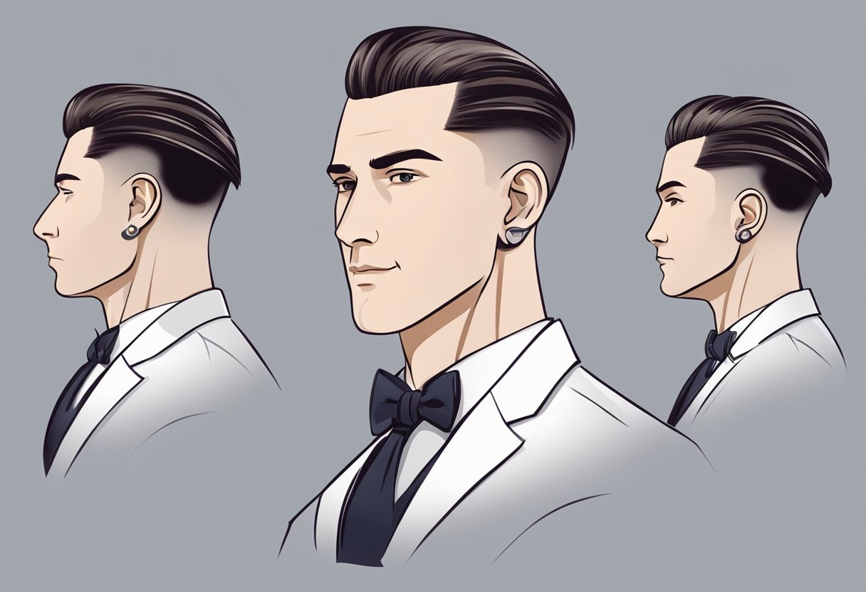 A man with a short pompadour haircut stands confidently, hair slicked back and styled to perfection