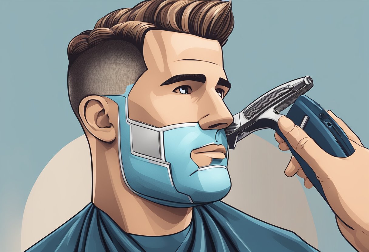 A close-up of a barber's hand using clippers to create an undercut fade on a mannequin head with hair styled like Ryan Reynolds