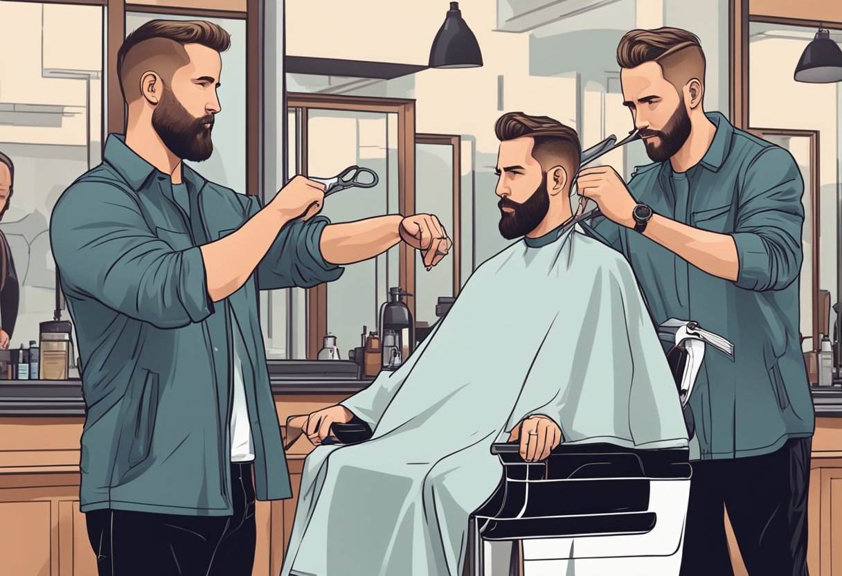 A barber carefully trims Ryan Reynolds' hair, using precise movements and sharp scissors to create a polished and stylish haircut