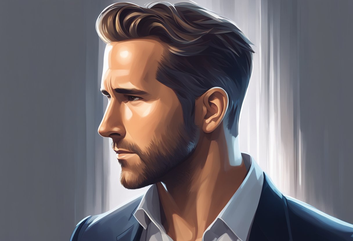A man with a slicked-back Ryan Reynolds haircut stands confidently in a dimly lit room, the light catching the sleek, shiny strands of his hair